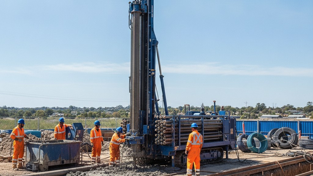 A horizontal directional drilling rig at work on an underground utility job site with a hi-vis crew